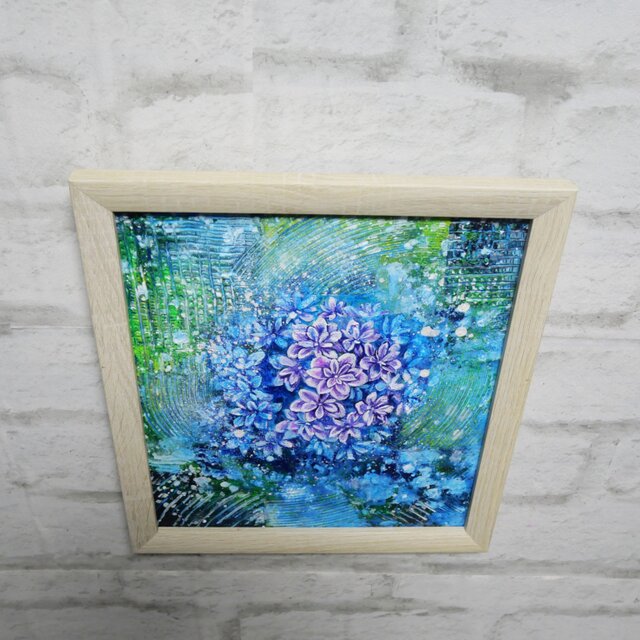 油彩画 原画『万華鏡のなかの雨音』あじさいの絵 額付き｜初夏の