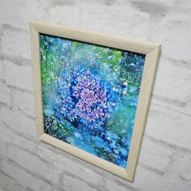 油彩画 原画『万華鏡のなかの雨音』あじさいの絵 額付き｜初夏の