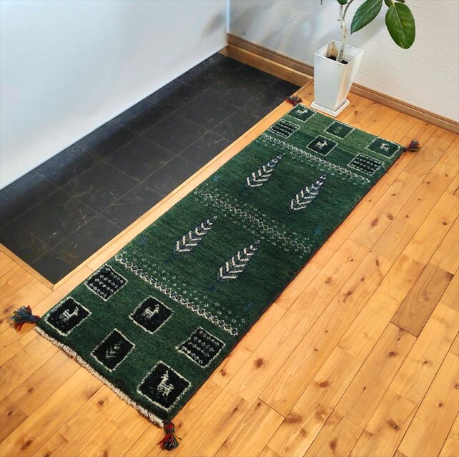 ペルシャ ギャッベ ランナー中 ラグ 150x53cm 緑色 糸杉 パネル