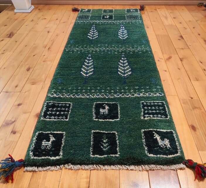 ペルシャ ギャッベ ランナー中 ラグ 150x53cm 緑色 糸杉 パネル