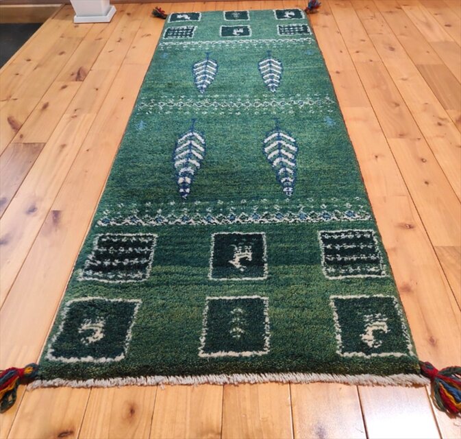 ペルシャ ギャッベ ランナー中 ラグ 150x53cm 緑色 糸杉 パネル