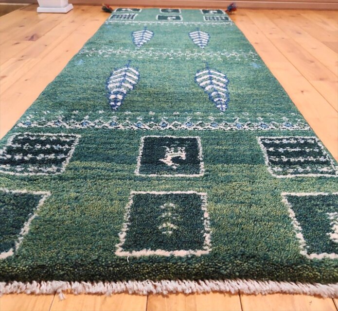 ペルシャ ギャッベ ランナー中 ラグ 150x53cm 緑色 糸杉 パネル