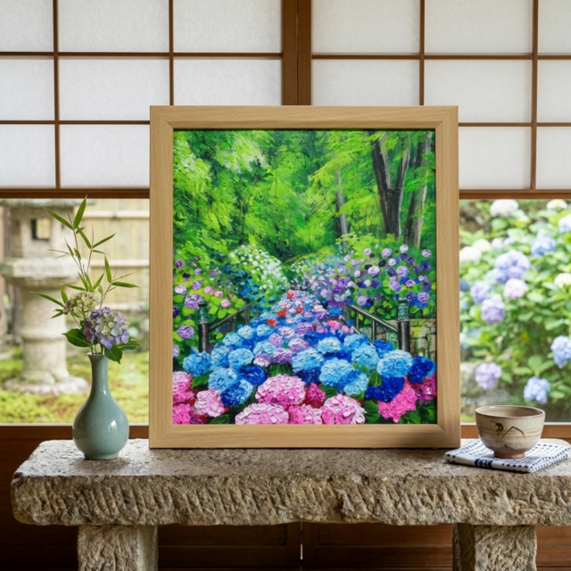 油絵【古都の万華鏡〜大和あじさい巡礼〜】油彩画 絵画 原画 初夏 梅雨