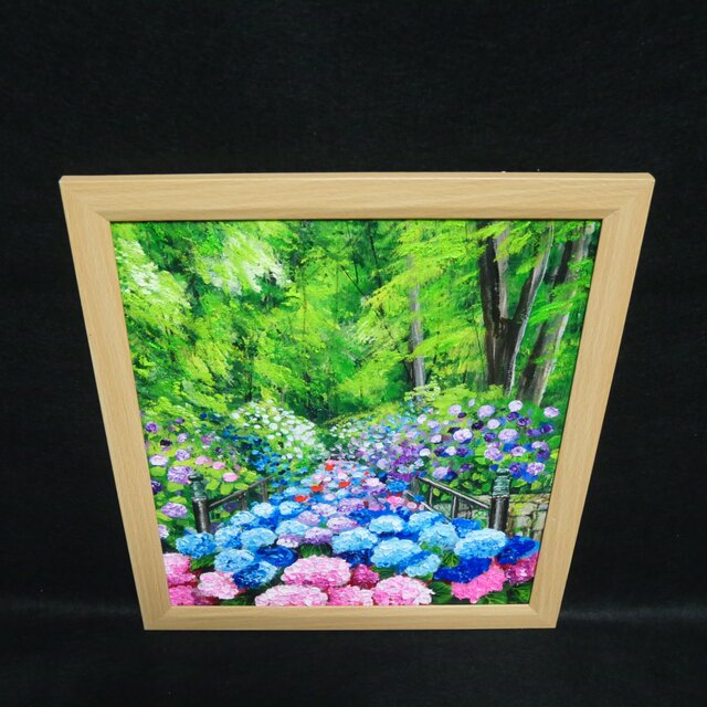 静寂の森 油彩画 額装絵画／サインあり／大型作品 油絵【古都の万華鏡〜大和あじさい巡礼〜】油彩画 絵画 原画 初夏 梅雨