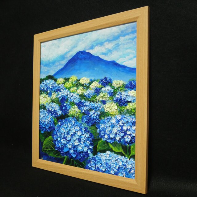 油絵 絵画【青の情景 〜富士と紫陽花の咲く丘〜】油彩画 風景画