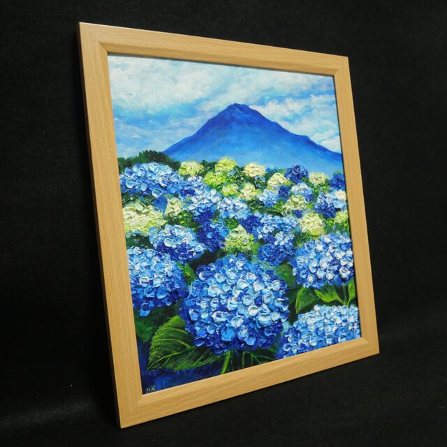油絵 絵画【青の情景 〜富士と紫陽花の咲く丘〜】油彩画 風景画