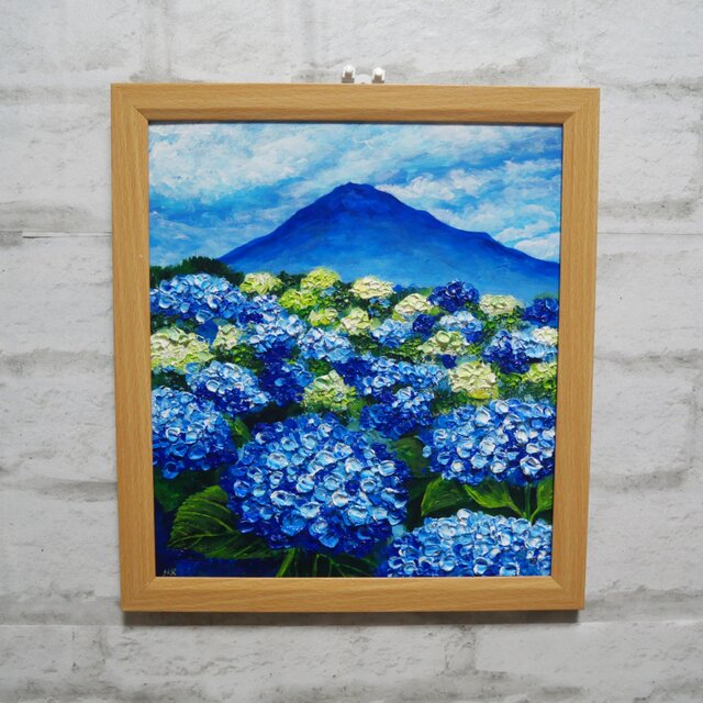 油絵 絵画【青の情景 〜富士と紫陽花の咲く丘〜】油彩画 風景画