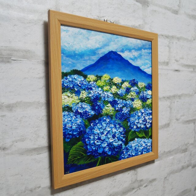 油絵 絵画【青の情景 〜富士と紫陽花の咲く丘〜】油彩画 風景画