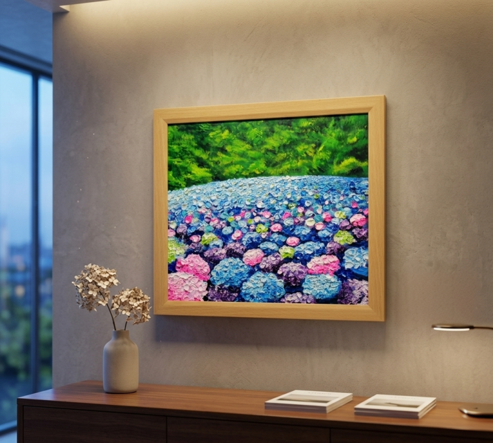 原画】あじさいのワルツ＊梅雨を彩る紫陽花畑の油絵（額縁付） | iichi