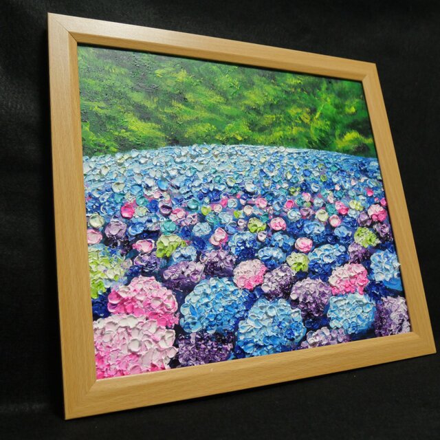 原画】あじさいのワルツ＊梅雨を彩る紫陽花畑の油絵（額縁付） | iichi