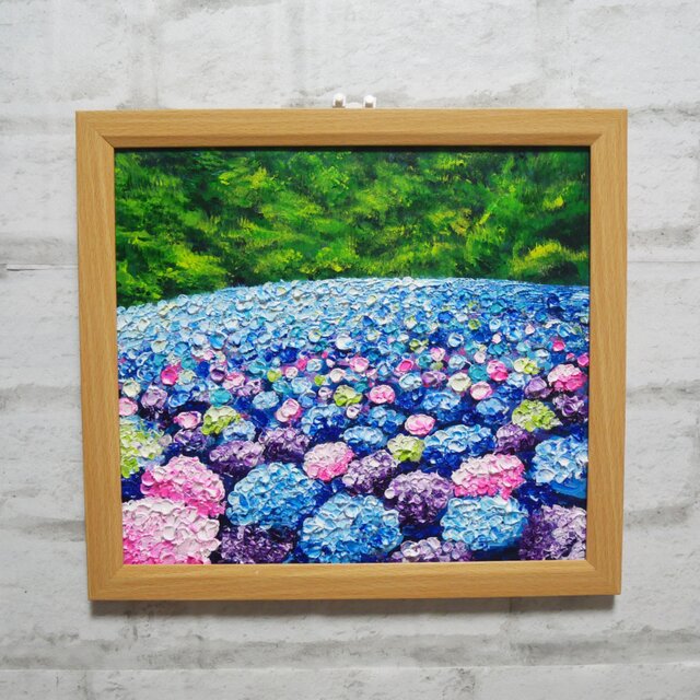 原画】あじさいのワルツ＊梅雨を彩る紫陽花畑の油絵（額縁付） | iichi