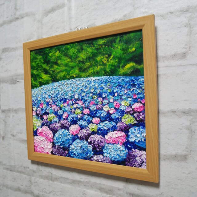 原画】あじさいのワルツ＊梅雨を彩る紫陽花畑の油絵（額縁付） | iichi