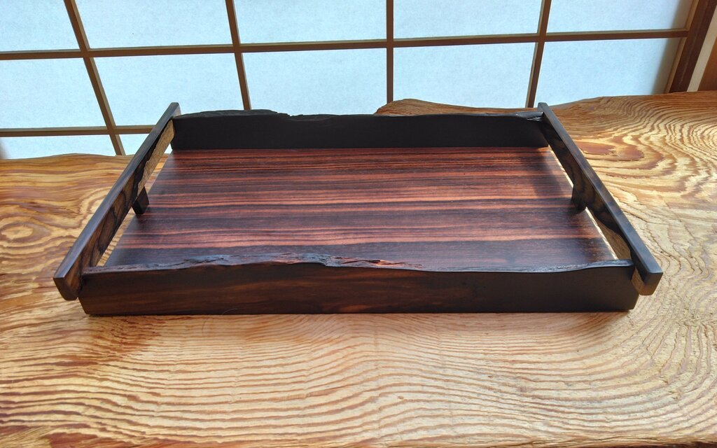 【極美品】銘木 一枚板 削り出し トレイ 黒檀 重厚・高密度 焦茶 2点 銘木・黒柿と縞黒檀の長手盆 〜 和モダンな木製トレー・お盆・角盆
