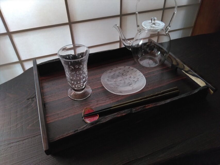 銘木・黒柿と縞黒檀の角盆 〜 和モダンな木製トレー・お盆・煙草盆