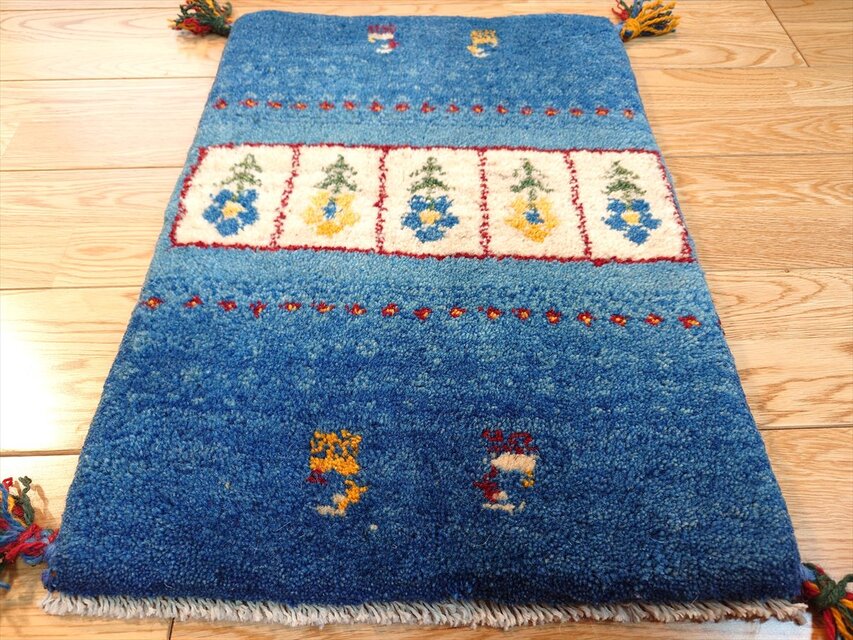 ペルシャ ギャッベ 玄関マット小 ラグ 56×41cm 青色 花 NN20235