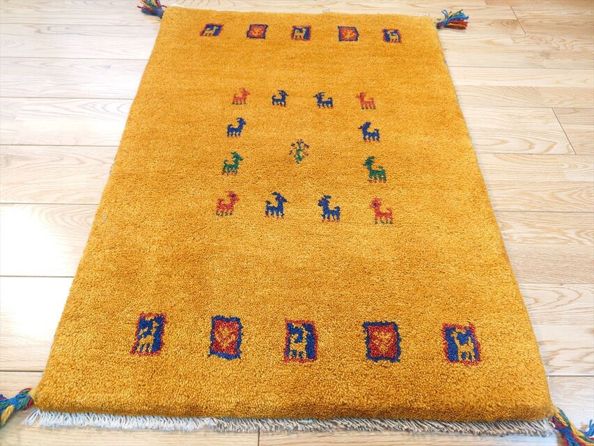 手織り ペルシャ ギャッベ 玄関マット ラグ 90x62cm 黄金色 パネル
