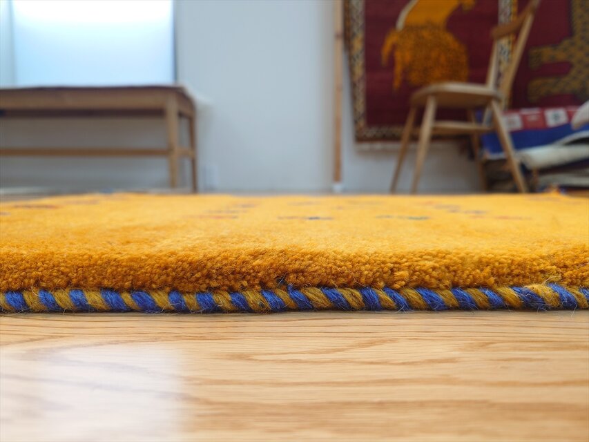 手織り ペルシャ ギャッベ 玄関マット ラグ 90x62cm 黄金色 パネル