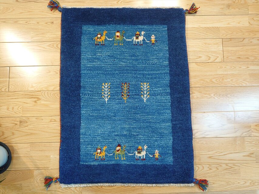 手織り ペルシャ ギャッベ 玄関マット ラグ 90x65cm 青色 紺色 ラクダ