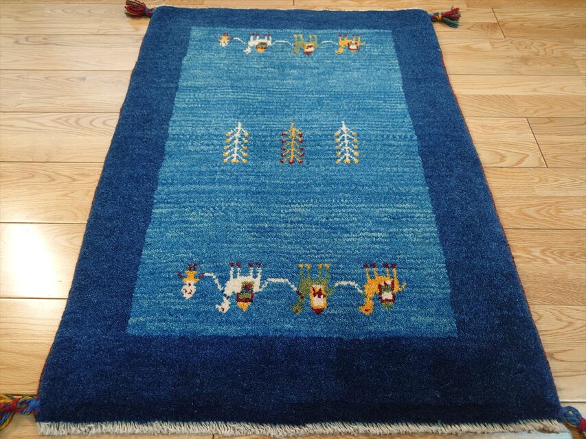 手織り ペルシャ ギャッベ 玄関マット ラグ 90x65cm 青色 紺色 ラクダ