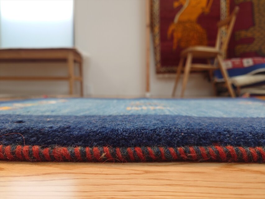 手織り ペルシャ ギャッベ 玄関マット ラグ 90x65cm 青色 紺色 ラクダ