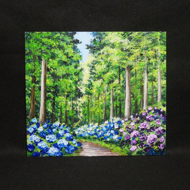 油絵「青と紫の幻想回廊」あじさい 額縁付／絵画 紫陽花 新緑 初夏