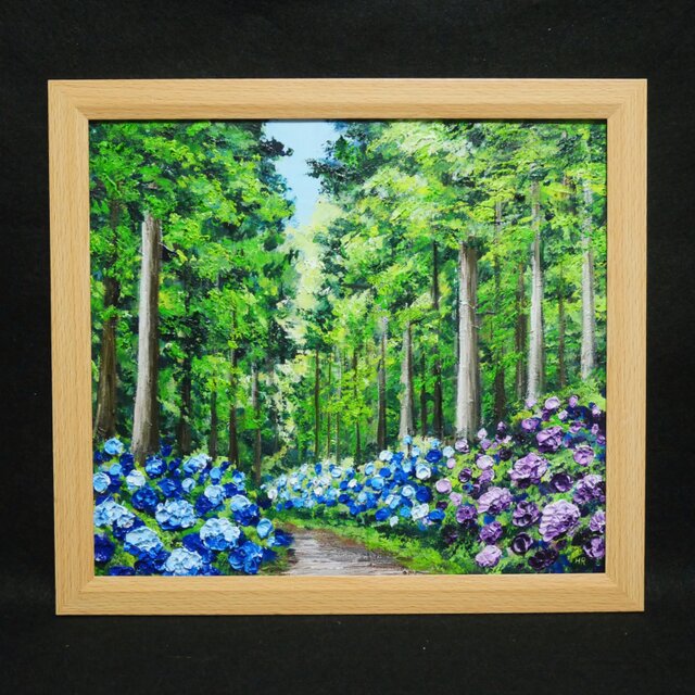 油絵「青と紫の幻想回廊」あじさい 額縁付／絵画 紫陽花 新緑 初夏