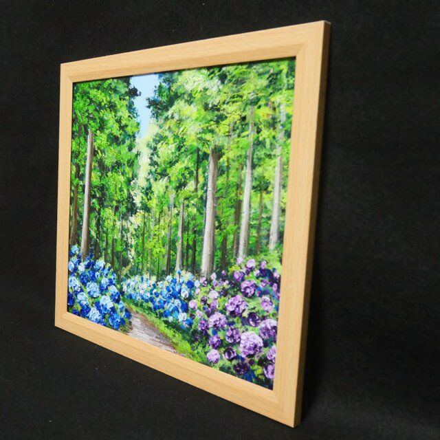 油絵「青と紫の幻想回廊」あじさい 額縁付／絵画 紫陽花 新緑 初夏