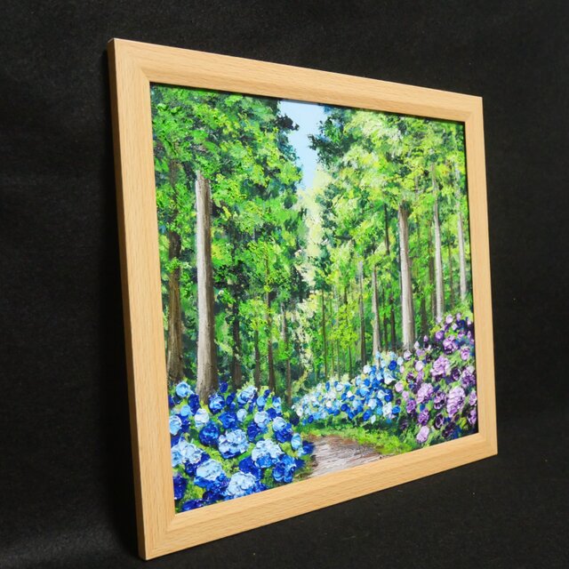 油絵「青と紫の幻想回廊」あじさい 額縁付／絵画 紫陽花 新緑 初夏