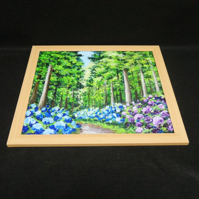 油絵「青と紫の幻想回廊」あじさい 額縁付／絵画 紫陽花 新緑 初夏
