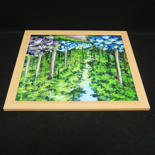 油絵「青と紫の幻想回廊」あじさい 額縁付／絵画 紫陽花 新緑 初夏