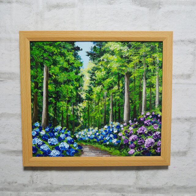 油絵「青と紫の幻想回廊」あじさい 額縁付／絵画 紫陽花 新緑 初夏