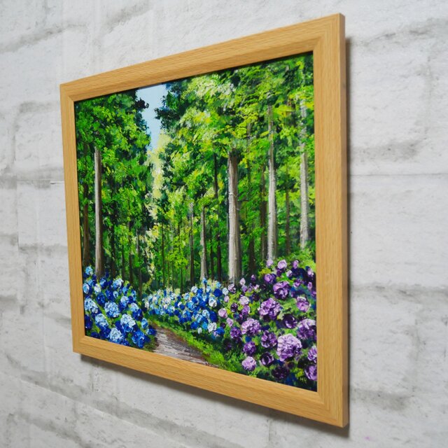 油絵「青と紫の幻想回廊」あじさい 額縁付／絵画 紫陽花 新緑 初夏