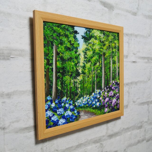 油絵「青と紫の幻想回廊」あじさい 額縁付／絵画 紫陽花 新緑 初夏