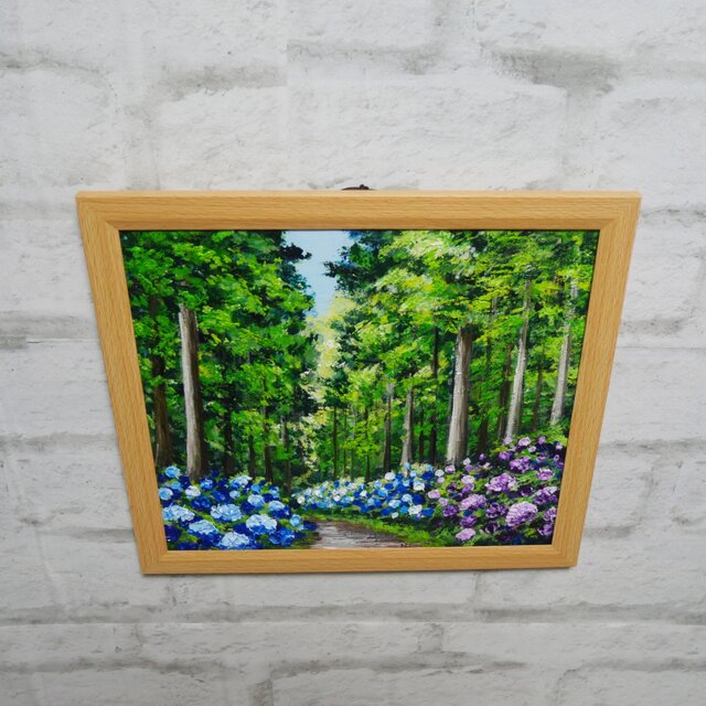油絵「青と紫の幻想回廊」あじさい 額縁付／絵画 紫陽花 新緑 初夏