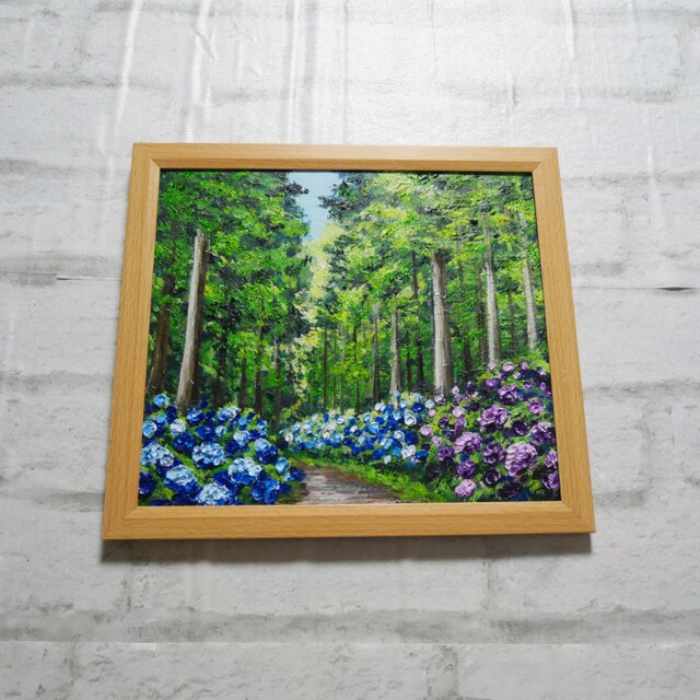 油絵「青と紫の幻想回廊」あじさい 額縁付／絵画 紫陽花 インテリア 原画 油絵「青と紫の幻想回廊」あじさい 額縁付／絵画 紫陽花 新緑 初夏