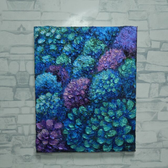 油絵 原画【群青のトパーズ】あじさい 紫陽花 絵画 インテリア 額なし
