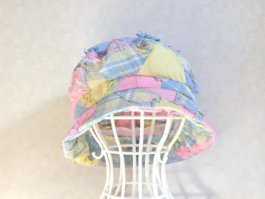 魅せる☆【予約販売】一点物♪パッチワーク風コットンのハット～ブルー