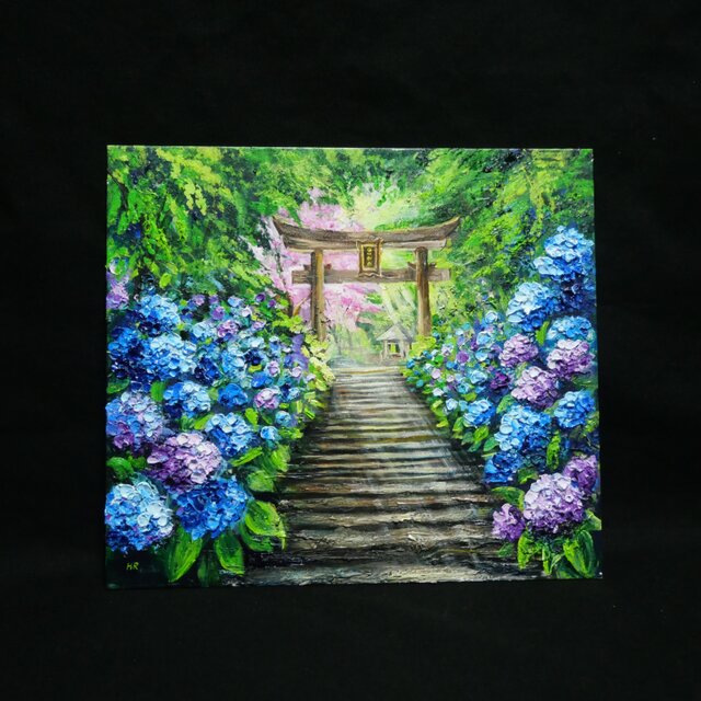 神々が隠した青の小径】油絵 原画＊あじさい咲く神社の一筋の光／初夏