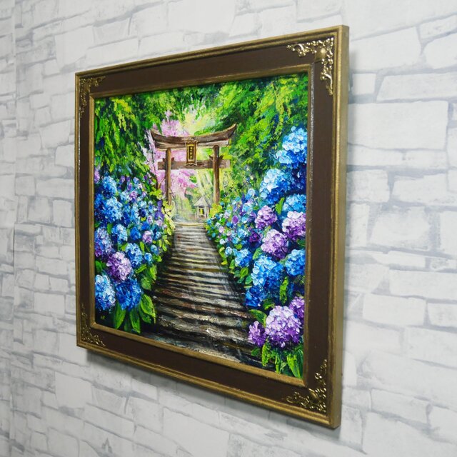 神々が隠した青の小径】油絵 原画＊あじさい咲く神社の一筋の光／初夏