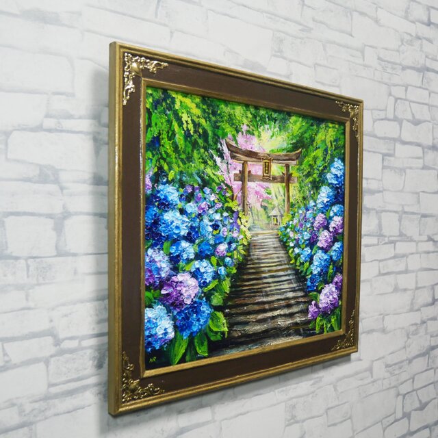 神々が隠した青の小径】油絵 原画＊あじさい咲く神社の一筋の光／初夏