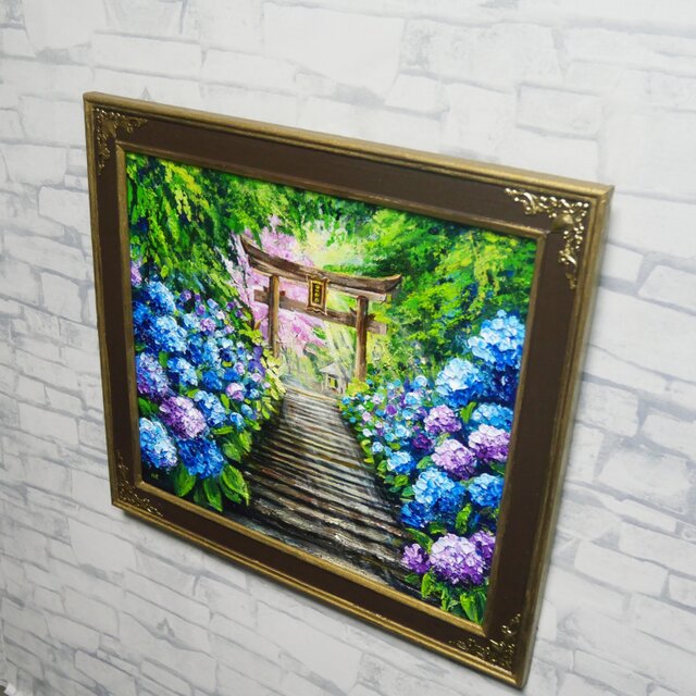 神々が隠した青の小径】油絵 原画＊あじさい咲く神社の一筋の光／初夏