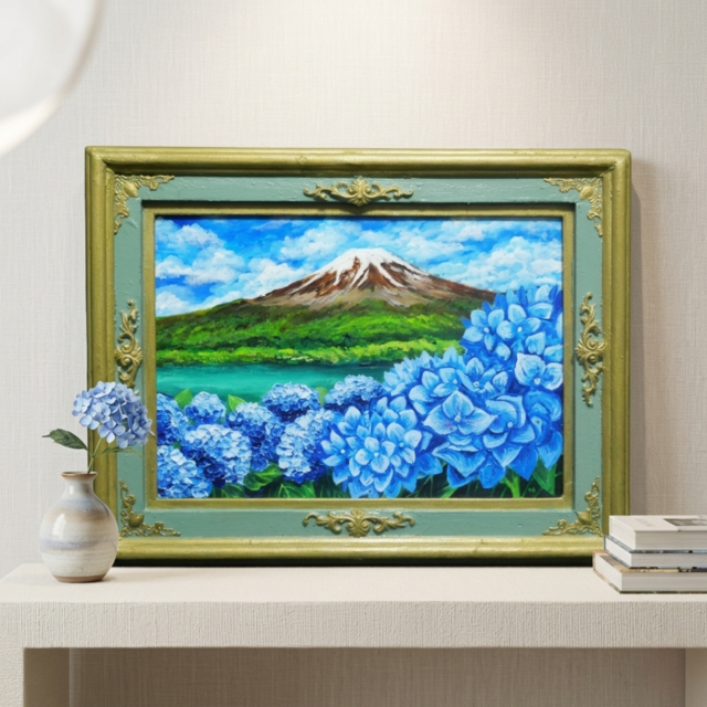 油絵 原画『 初夏の息吹、冠雪の富士 』あじさいと富士山 / 絵画