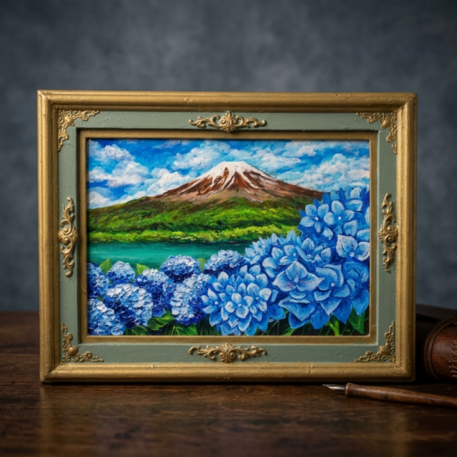 油絵 原画『 初夏の息吹、冠雪の富士 』あじさいと富士山 / 絵画