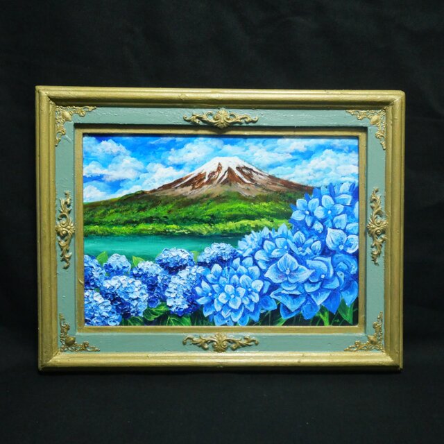 油絵 原画『 初夏の息吹、冠雪の富士 』あじさいと富士山 / 絵画