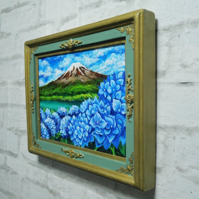 油絵 原画『 初夏の息吹、冠雪の富士 』あじさいと富士山 / 絵画