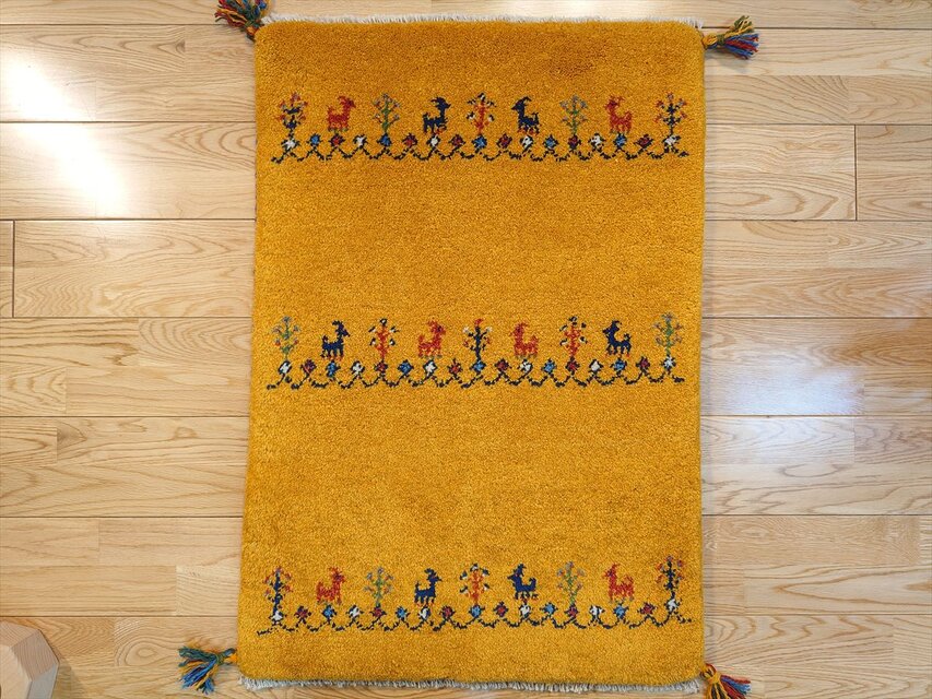 ハンドメイド ペルシャ ギャッベ 玄関マット ラグ 86x60cm 黄金色 ヤギ