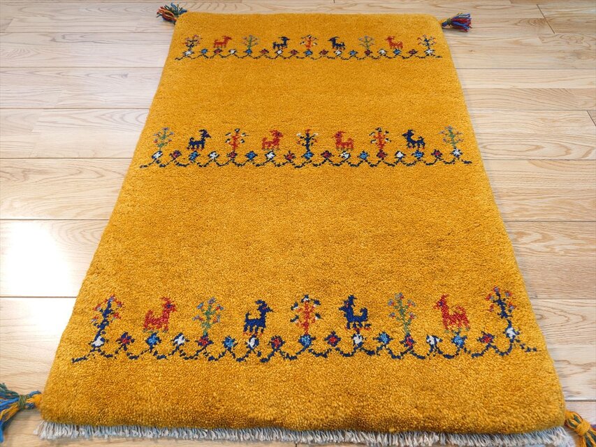 ハンドメイド ペルシャ ギャッベ 玄関マット ラグ 86x60cm 黄金色 ヤギ
