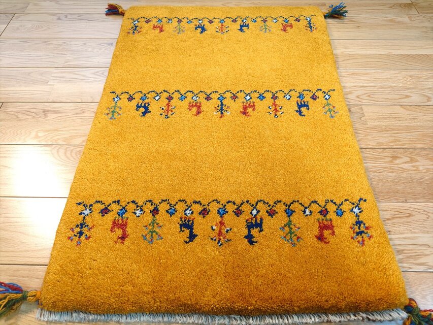 ハンドメイド ペルシャ ギャッベ 玄関マット ラグ 86x60cm 黄金色 ヤギ