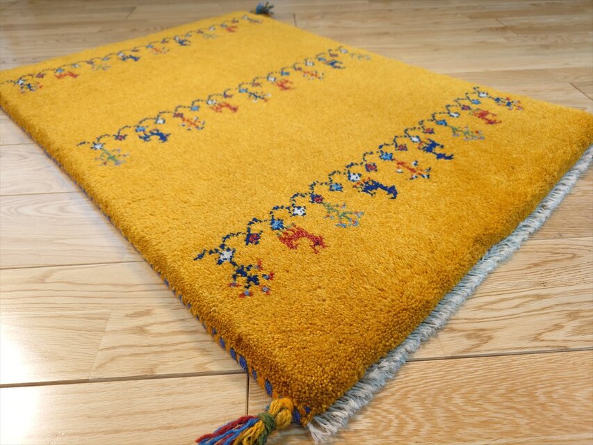 ハンドメイド ペルシャ ギャッベ 玄関マット ラグ 86x60cm 黄金色 ヤギ