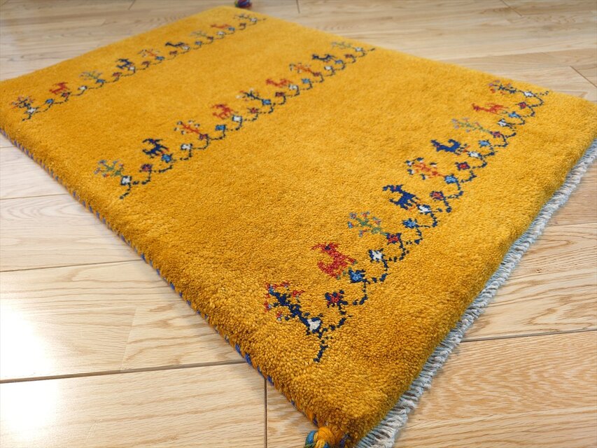 ハンドメイド ペルシャ ギャッベ 玄関マット ラグ 86x60cm 黄金色 ヤギ